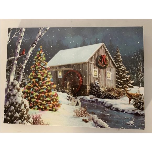Tabletop led lighted cabin winter snowy scene Holiday Canvas Art with LED Lights